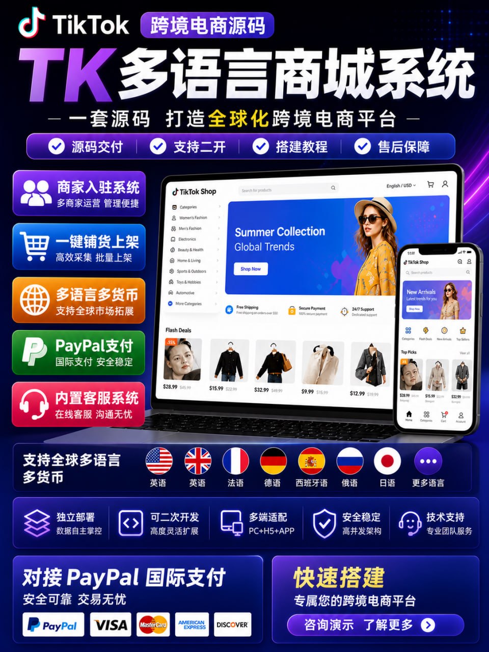 TikTok跨境电商源码 TK多语言商城 商家入驻 一键铺货 PayPal支付